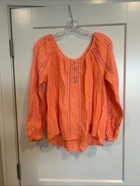 Women's tangerine colored Embroidered Peasant Blouse - size Medium